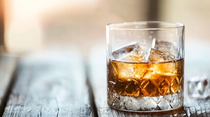 Aufkleber - Refreshing Glass of Whiskey with Ice Cubes on Rustic Wooden Table : Generative AI