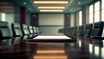 Poster - modern conference room setup with tablet on a polished wooden table during a business meeting
