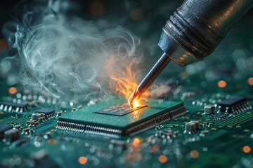 Poster - Soldering iron carefully repairing a circuit board, creating smoke and intense light, showcasing electronics repair and high-tech maintenance.