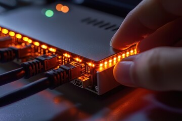 Poster - Close-up of a person plugging in network cables into a router with glowing indicator lights, showcasing network connectivity and data transmission in a tech environment.