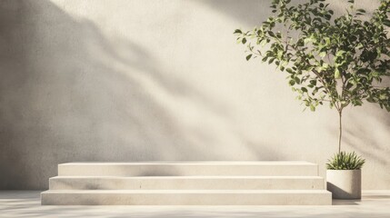 Wall Mural - Minimalist steps, plant, sunlit wall, modern display, neutral color scheme