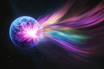 Poster - A purple and blue planet in space, surrounded by colorful energy waves, with stars shining brightly