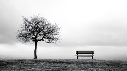 Poster - Lonely tree and empty bench under a cloudy sky in black and white : Generative AI