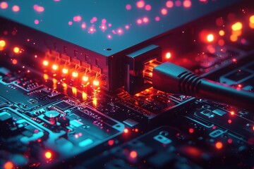 Poster - an illuminated ethernet connection on a high-tech circuit board represents network connectivity, dat