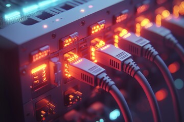 Poster - Close-up of a network server with connected cables and glowing lights, representing data transmission and network communication, symbolizing modern technology.