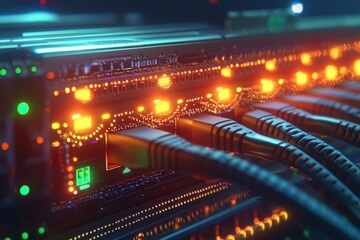 Poster - A close-up shot of a server rack with connected ethernet cables and glowing LED lights, showcasing the network infrastructure and data transmission process.
