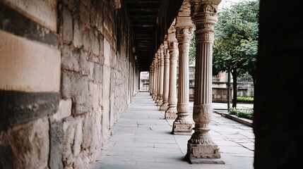 Poster - Architectural beauty of ancient stone columns and corridors inviting exploration in historic settings : Generative AI
