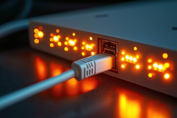Poster - Close-up of a white ethernet cable connected to a router with glowing orange lights, symbolizing network connectivity, internet access, and data transmission.
