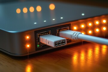 Poster - Close-up of a network switch with plugged-in USB cables and illuminated LEDs, illustrating connectivity, data transfer, and modern technology.