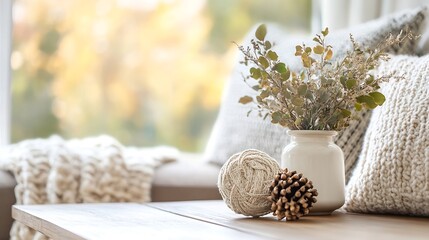 Aufkleber - Charming rustic decor featuring a vase with dried flowers and cozy elements on a table : Generative AI