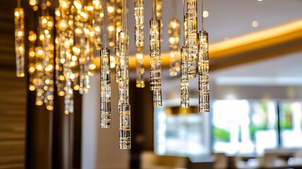 Aufkleber - Elegant chandelier with sparkling lights illuminating a modern interior space : Generative AI