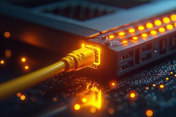 Poster - A close-up shot of a bright yellow Ethernet cable plugged into a computer, illuminating the intricate details of the motherboard and the server hardware.
