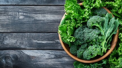 Aufkleber - A Fresh Bowl of Organic Green Vegetables Including Broccoli and Leafy Greens on a Rustic Table : Generative AI