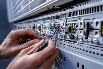 Poster - Hands meticulously wiring a complex server system, showcasing the crucial process of connectivity and maintenance in a modern data center environment, emphasizing technology's backbone.
