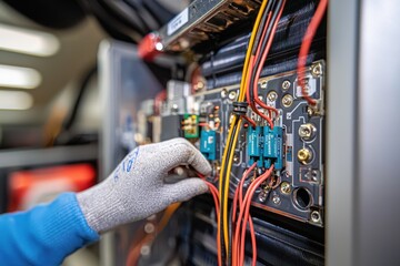 Poster - Close-up view of technician's hand in protective glove connecting wires on electronic circuit board, featuring detail and precision in hardware component maintenance operation.