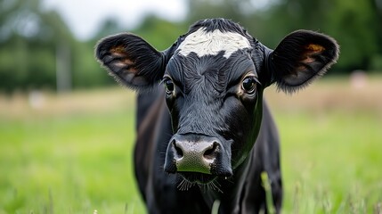 Poster - Curious black and white calf looking directly at the camera in a lush green pasture surrounded by nature : Generative AI