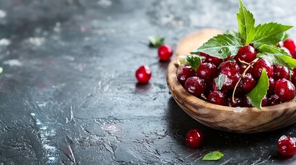 Poster - Fresh and juicy cherries arranged in a wooden bowl with green leaves on a dark surface : Generative AI
