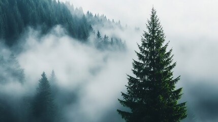 Poster - Mysterious fog blankets lush green coniferous trees creating an enchanting forest atmosphere : Generative AI