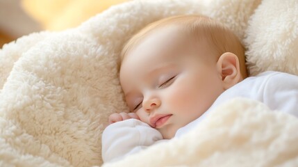 Poster - Adorable sleeping baby peacefully resting on soft blankets in warm sunlight : Generative AI