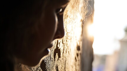 Poster - Profile of a thoughtful young girl illuminated by soft sunlight against a textured wall : Generative AI
