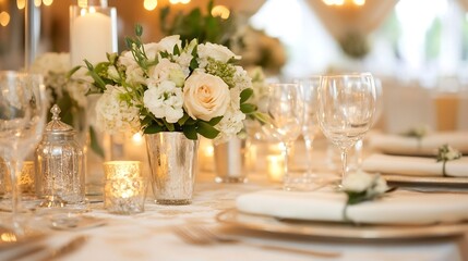 Aufkleber - Charming dining table set with elegant decor and fresh flowers for a romantic evening meal : Generative AI