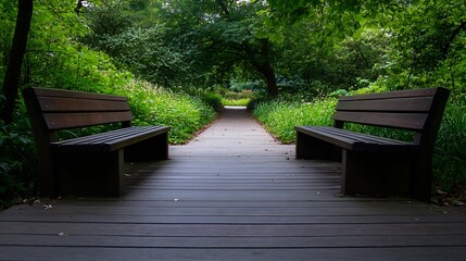 Poster - Peaceful park pathway lined with wooden benches surrounded by lush greenery and vibrant foliage : Generative AI
