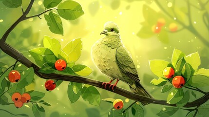 Aufkleber - A vibrant green bird perched on a branch with red berries, set in a bright, lush environment.