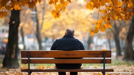 Poster - Man observing the beauty of autumn leaves while sitting on a bench in a tranquil park : Generative AI