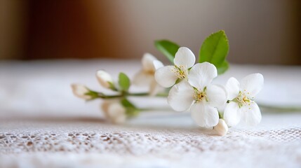 Poster - delicate white flowers in bloom arranged artistically on a light table showcasing natural beauty and
