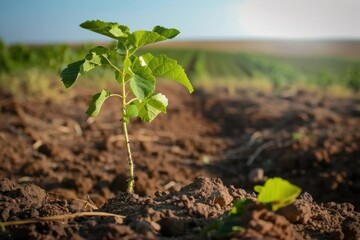 Fresh small tree growing in soil with sunshine background. Perfect concept for environmental protection, Tree Planting Day, personal growth, argricultural production, ecology balance. With copy space.