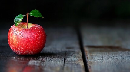 Aufkleber - Single red apple with water droplets on a rustic wooden table set against a dark background : Generative AI