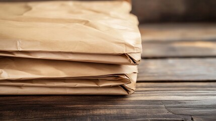 Poster - Neatly stacked brown paper parcels resting on a rustic wooden surface depicting simplicity and organic craftsmanship in packaging : Generative AI