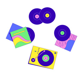 Poster - Turntable, vinyl records and album covers cartoon flat illustration. Vintage sound. Lp recordplayer. Analog music retro 2D composition isolated on white background. Vector colorful image