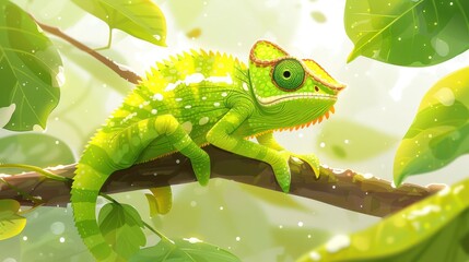 Aufkleber - A vibrant chameleon perched on a branch amidst lush green foliage.