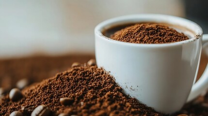 Aufkleber - Freshly Brewed Coffee with Ground Beans in a White Cup on a Rustic Table : Generative AI