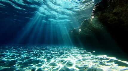 Aufkleber - Underwater Scene with Beautiful Sunbeams Illuminating the Crystal Clear Water and Rocks : Generative AI
