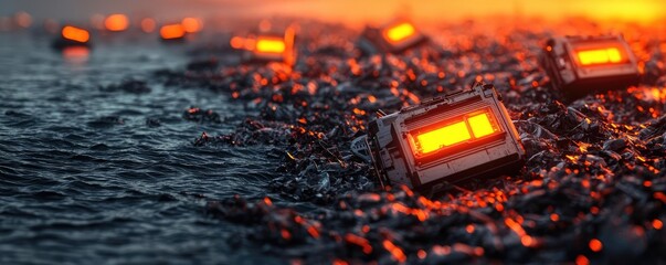 Poster - Plastic pollution concept. Luminous objects floating on tranquil water, creating a serene and captivating atmosphere.