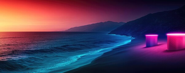 Poster - Plastic pollution concept. A stunning sunset over a tranquil beach with neon colored lights illuminating the shore.