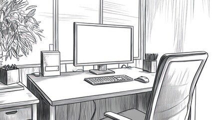 Poster - Sketch of modern office desk, computer, chair