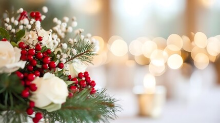 Leinwandbilder - Festive floral arrangement with red berries and white roses creating holiday spirit and warmth : Generative AI