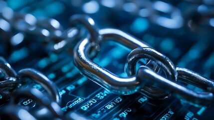 Poster - Intricate Close Up of Heavy Chain Links on Digital Circuit Background Representing Technology and Connectivity : Generative AI