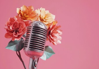 Canvas Print - Vintage microphone adorned with colorful paper flowers on a pink background, representing music, creativity, and floral elements