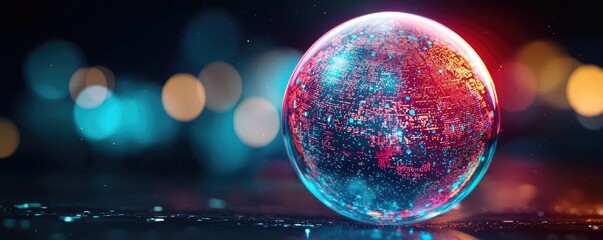 Poster - Plastic pollution concept. A vibrant bubble reflecting colorful lights and patterns, creating a magical atmosphere.