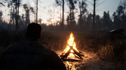 Aufkleber - Man sitting by warm campfire in forest at dusk enjoying peaceful surroundings and flickering flames : Generative AI