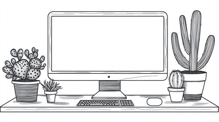 Poster - Desk setup with computer, cacti, plants, workspace