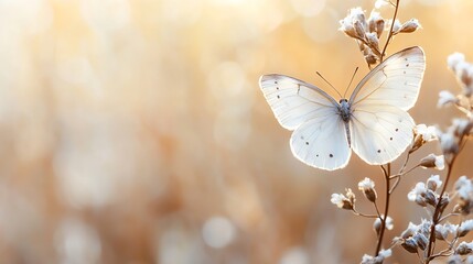 Aufkleber - Delicate white butterfly resting on a flower during golden hour highlighting the beauty of nature and tranquility : Generative AI