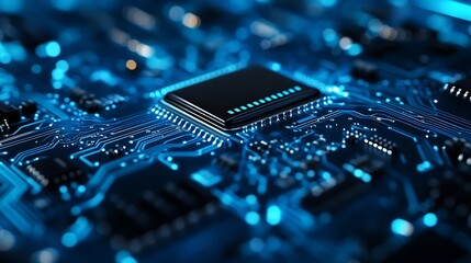 Leinwandbilder - Close up view of a hightech microchip on a futuristic circuitry board glowing blue : Generative AI