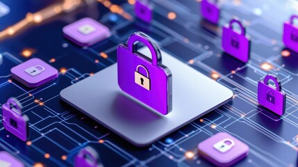 Poster - A digital representation of a lock symbol on a circuit board, emphasizing security and data protection in a vibrant purple color scheme.