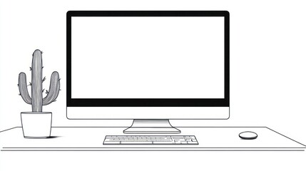 Poster - Minimalist desktop setup with cactus, blank screen