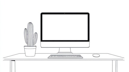 Poster - Minimalist desktop workspace; computer, cactus, keyboard, mouse